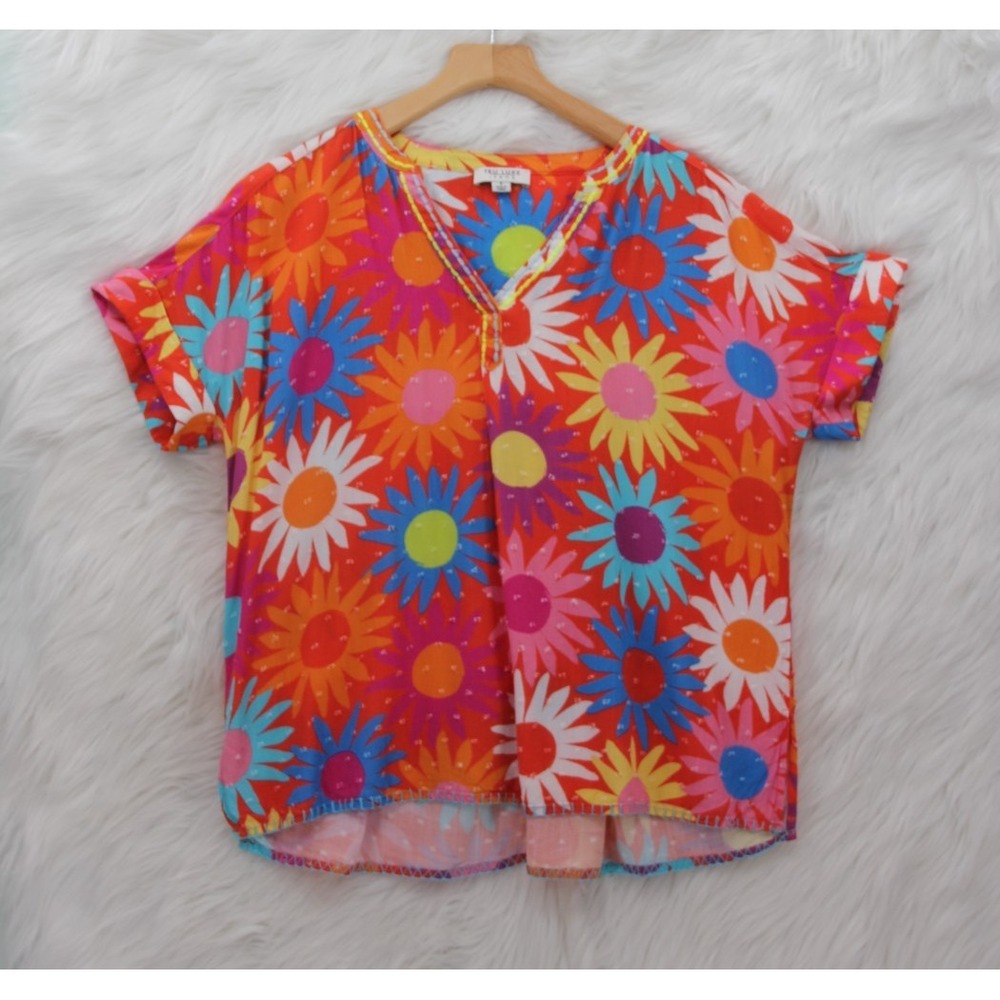 Tru Luxe Jeans Top Shirt S Boxy Colorful Floral Festival Maximalist Artsy V Neck
